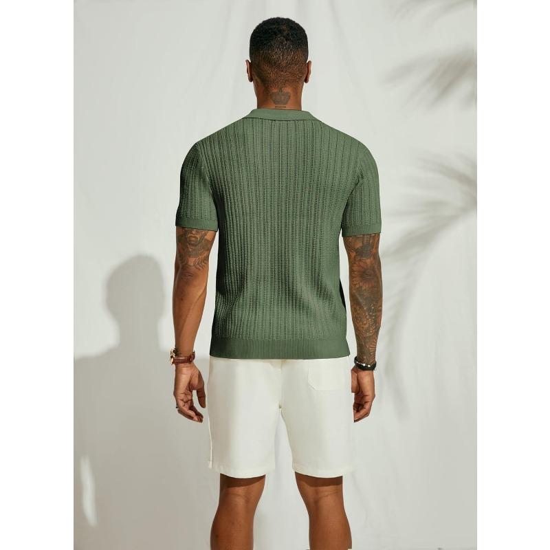 Mens Casual Tops Summer Cool Knitted Shirts Short Sleeved Lapel Solid Color Tops
