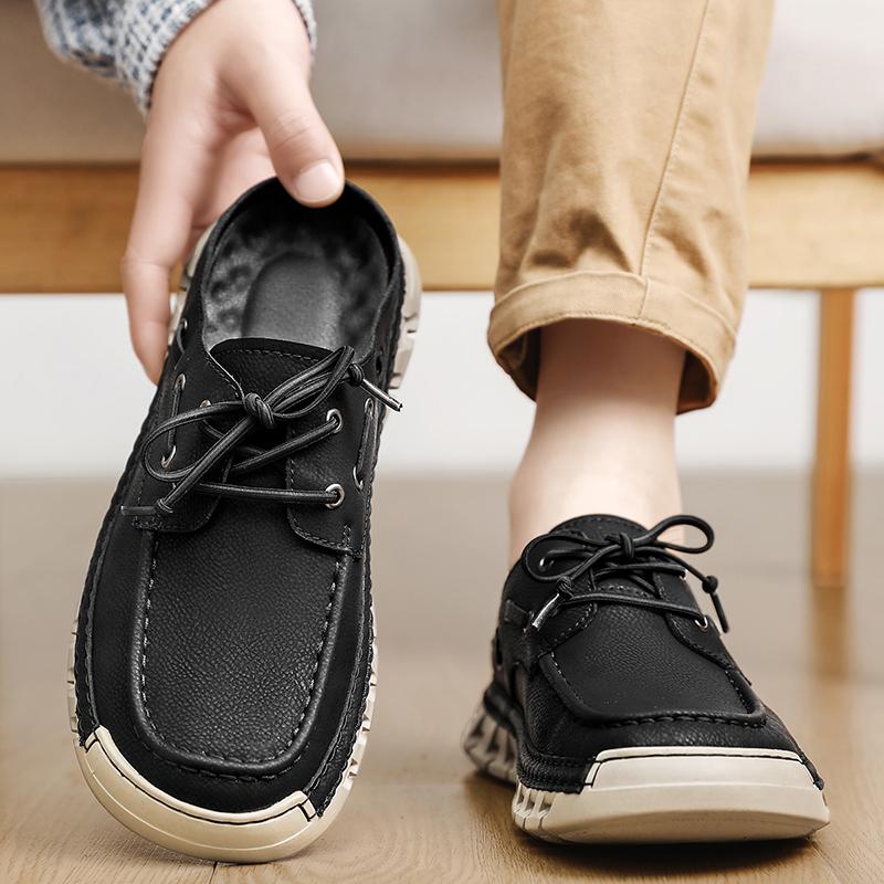 Men's Summer New Large Size Slip-On Driving Shoes Outdoor Genuine Leather Breathable Rubber Sole Square Toe Bean Bean Shoes