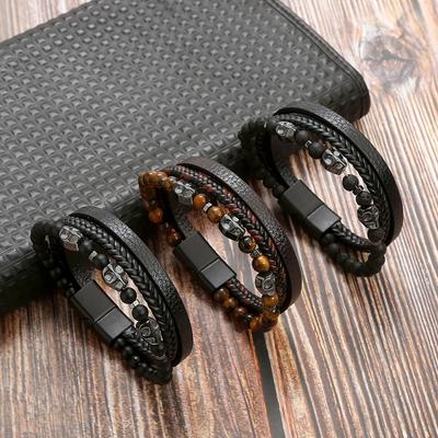 Mens Leather Bracelet Black Hand-woven Tiger's Eye Stone Stainless Steel Skull Bracelet for Male Hip Hop Jewelry Gift