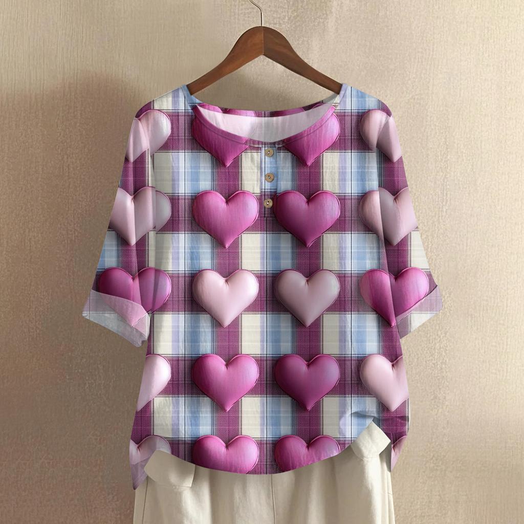 Damska koszulka z nadrukiem na Walentynki, casualowa, z krótkim rękawem, okrągłym dekoltem, z bawełny i lnu