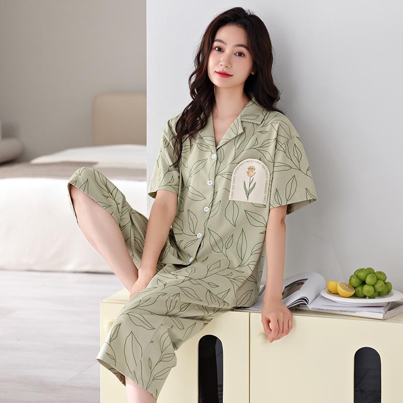 [Soft] Pajamas women's summer pure cotton short-sleeved cropped pants thin summer Korean version summer loungewear set