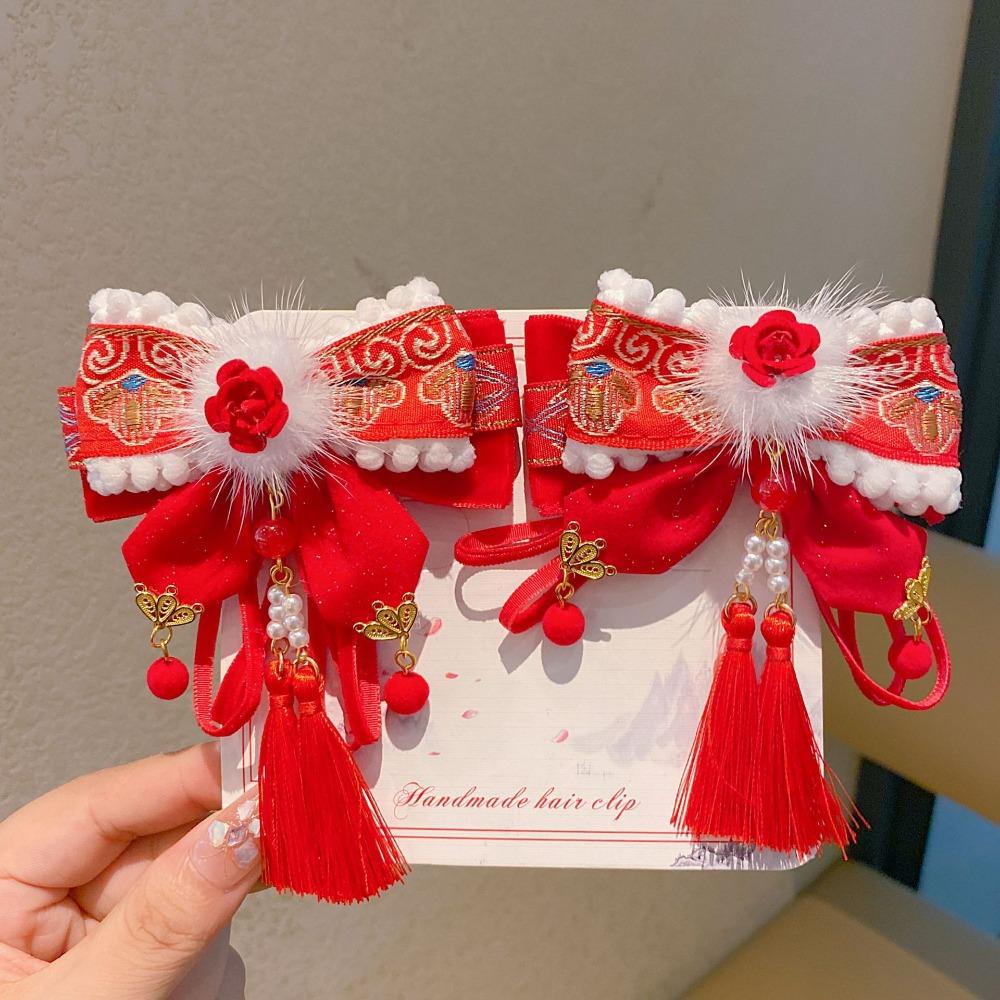 Plush Ball Children's Chinese Hairpin Bow Embroidered Bow Headwear Hanfu Hair Accessories  Kids
