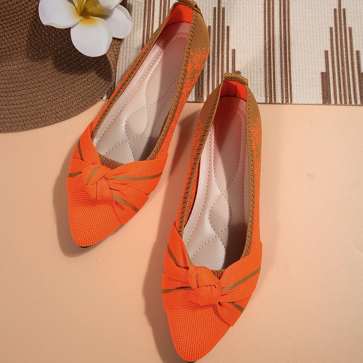 

Fashion Knitted Slip-On Pointed Toe Flat Shoes for Women 2026 New Bowknot Color-Blocking Breathable Casual Style 36 оранжевый