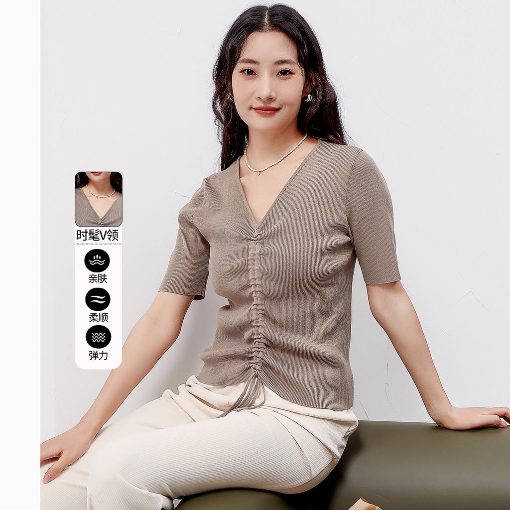 Knitted T-shirt: Summer solid color design, short-sleeved temperament, anti-aging women's top