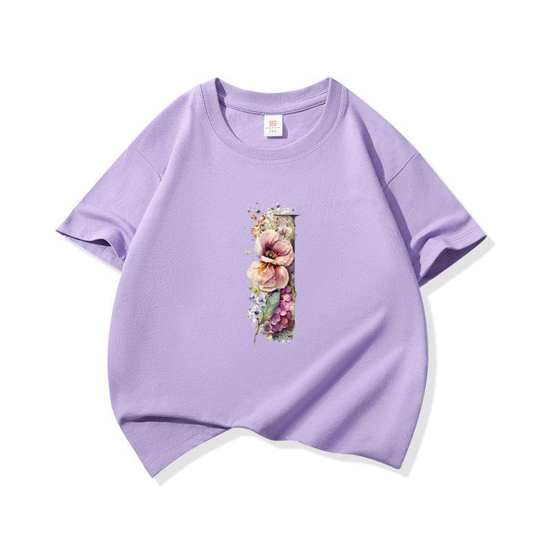 Kids Cotton T Shirt Floral Letter I Print Crew Neck Short Sleeve Tee Casual Boys Girls Summer Tops
