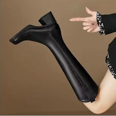 Shoes Female 2024 New Knee-High Women's Boots Classics Modern Boots Women Sewing Round Toe Back Zip Chunky Heels Shoes Ladies
