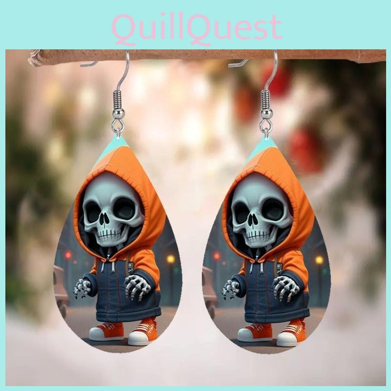 Halloween Themed Hooded Jacket Skull Pattern Droplet Shaped Acrylic Earrings For Alternative Style Wear