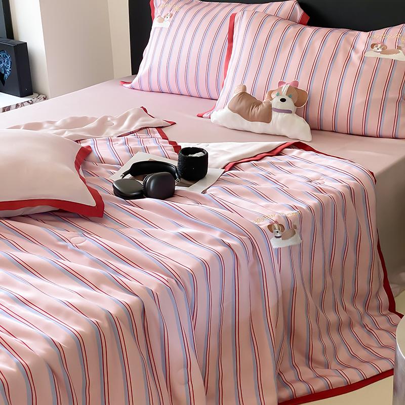 100 Lyocell Sommerdecke Set mit Kissenbezug Gestreift Pflanzenfaser Kühl Leicht Decke Steppdecke