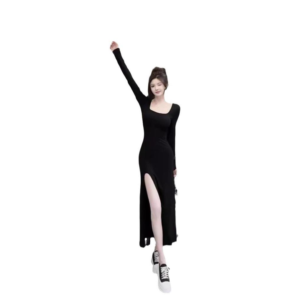 Elegant Long Slit Hepburn Black Dress for Autumn