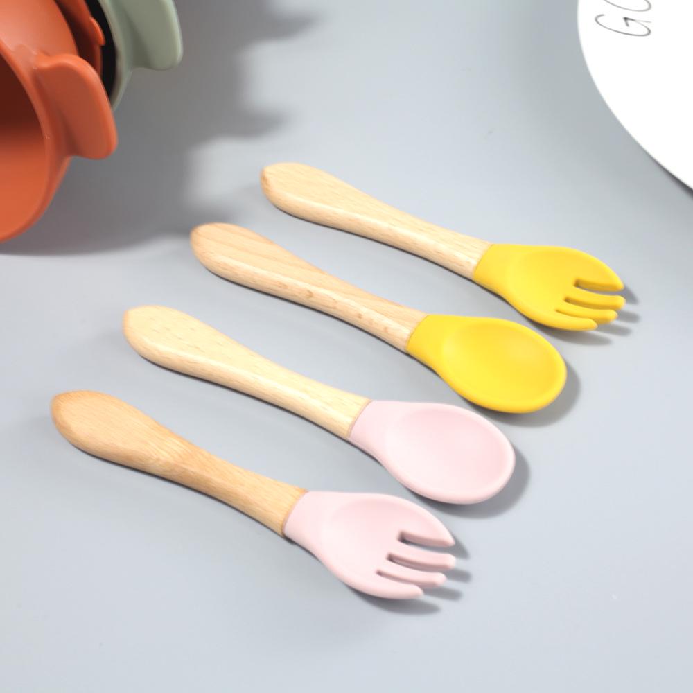 Silicone Baby & Toddler Tableware with Wooden Handle Fork & Spoon for Feeding Training