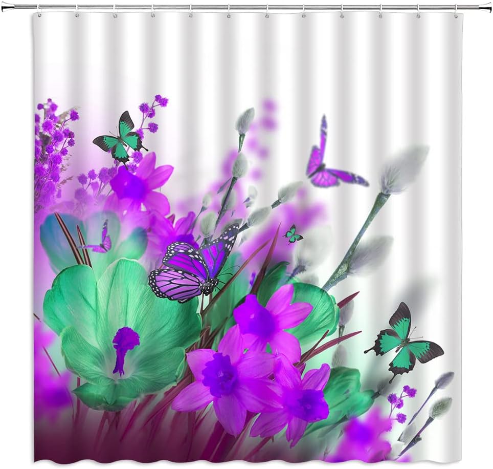Flower Butterfly Shower Curtain Yellow Purple Floral Butterflies Fantasy Dream Plant Spring Garden Nature Scenery White Bathroom 90x180CM