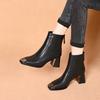 French retro style women's leather square toe high heels with metal toe caps and thickened insulation inside short boots