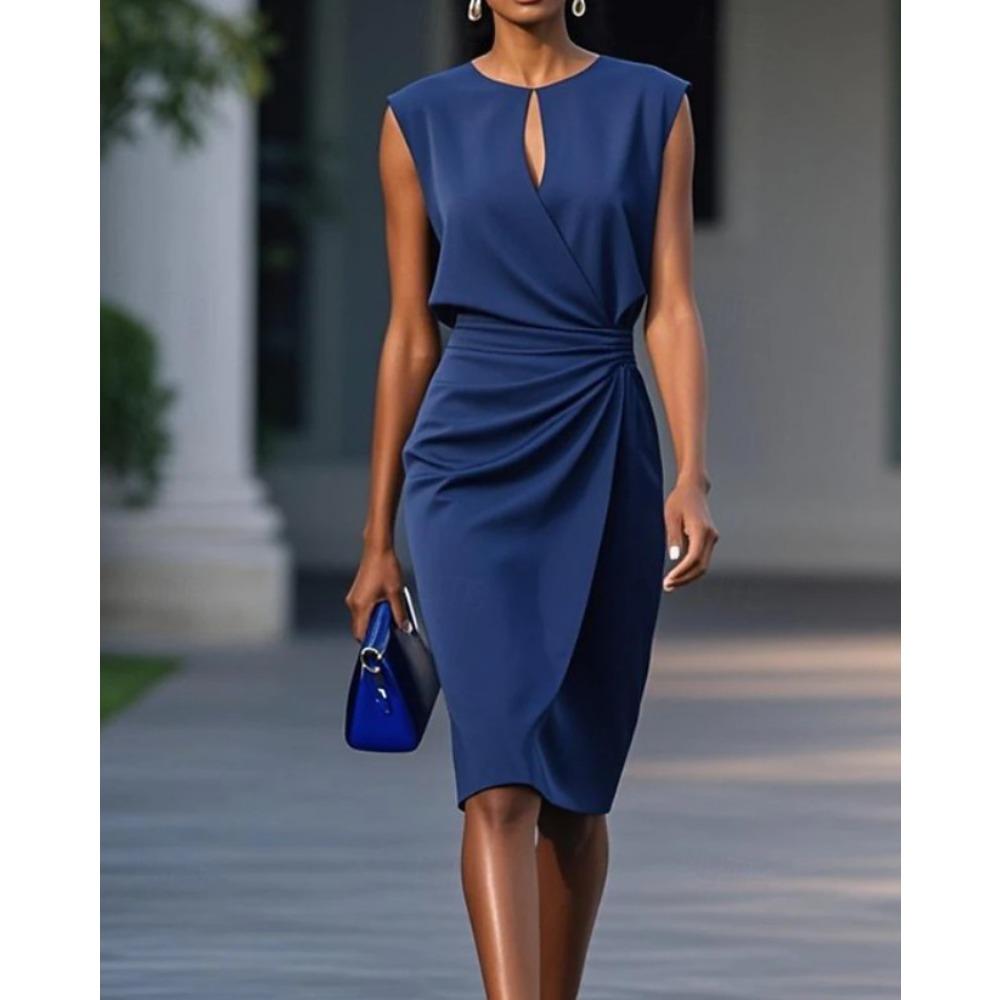 Dames mouwloze ronde hals keyhole ruches taille bodycon midi jurk voor kantoor
