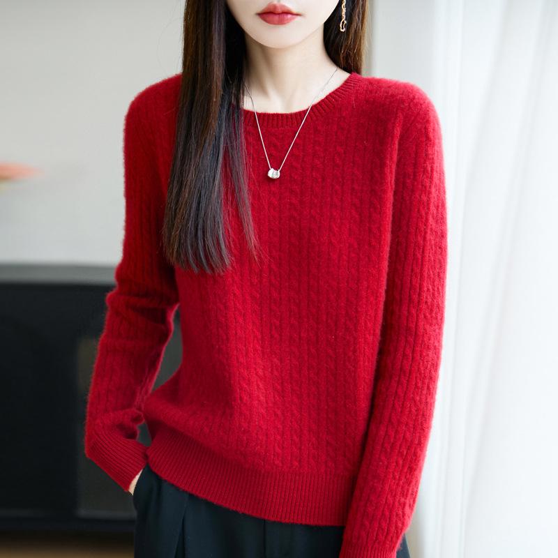2025 Women's Loose Fit Pure Wool Thick Cable Knit Sweater - Round Neck, Long Sleeve, Cashmere Blend