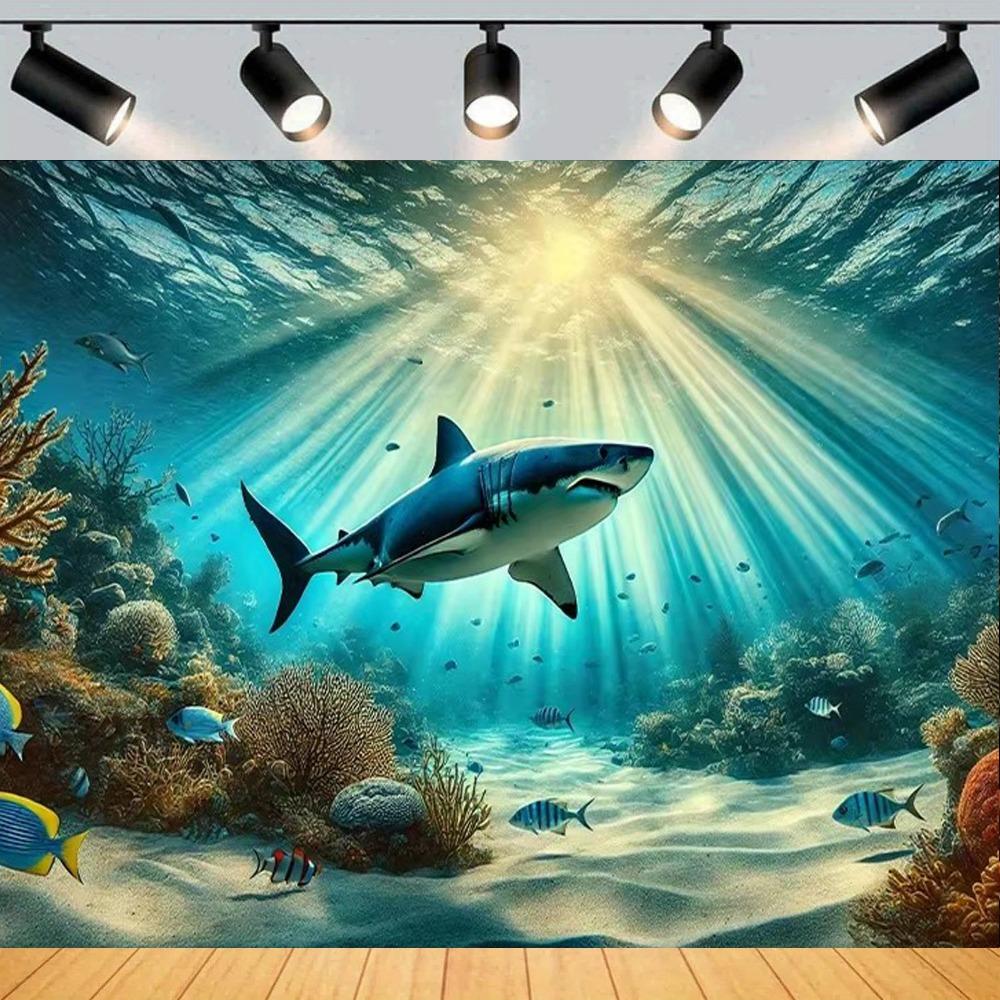 Deep Sea Great White Shark Themed Banner Decoration Background Children's Birthday Party Home Decoration Photography Backdrop