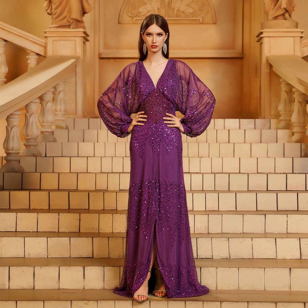 Sizzling European & American Chiffon V-Neck Sequin Evening Gown with Slit & Waist-Cinching Long Sleeves