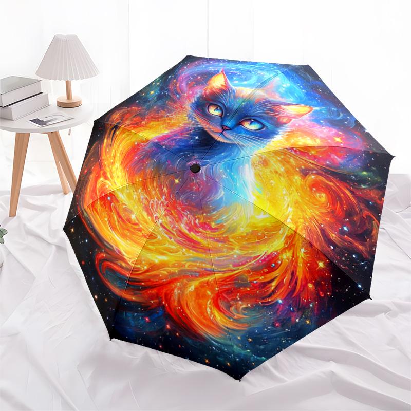 1 PC Automatic Folding Umbrella - Cosmic Cat Pattern, Portable & Foldable Design with 8 Ribs, Christmas Birthday Gifts