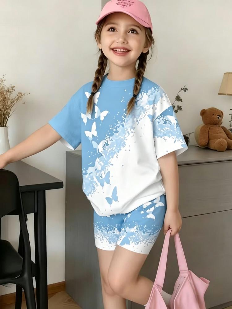 Whimsical 3D Butterfly Print 2 Piece Kids Summer Casual Set Lightweight Short Sleeve Shorts For Unisex Boys Girls