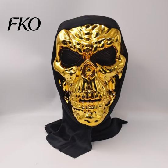 Dark Cool Cosplay Mask Halloween Skull Mask, with Breathable Mesh Eyes Design, Black Electroplated Metallic Headscarf Mirror Texture for Adults Party
