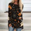 Women's Halloween Printed Long Sleeve Round Neck T-Shirt Mid-Length Casual Top