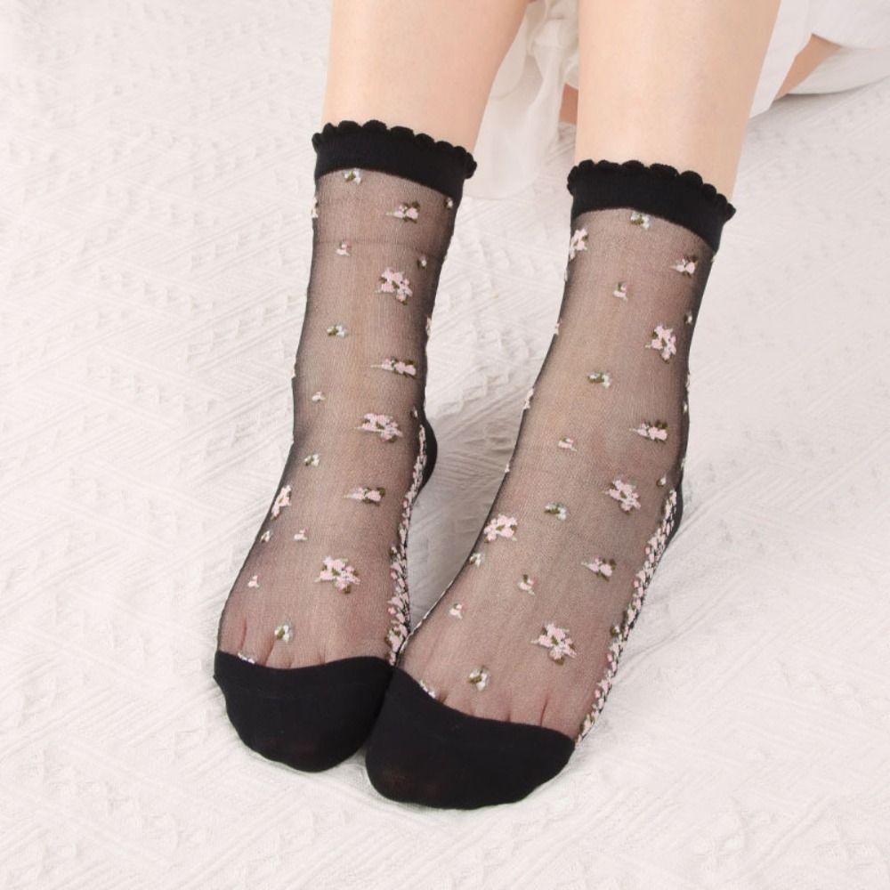 

Эластичные кружевные летние носки прозрачные тонкие носки до щиколотки новые цветочные носки до щиколотки чёрный