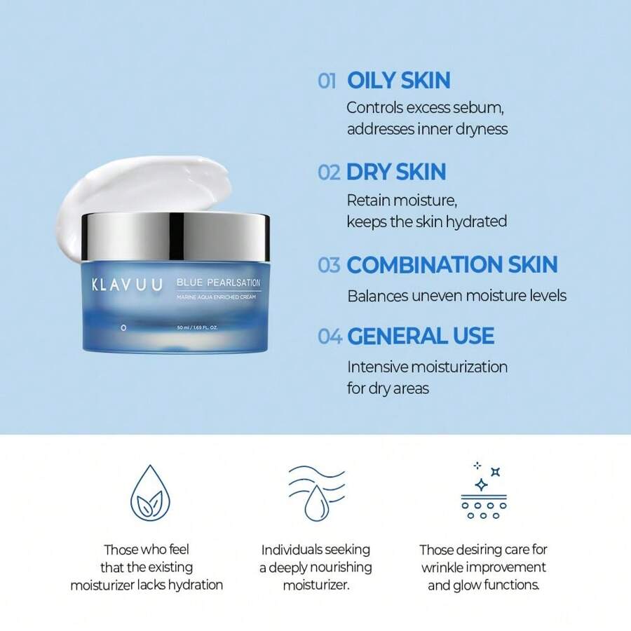 KLAVUU BLUE PEARLSATION MARINE AQUA ENRICHED CREAM 50ml - Hypoallergenic Deep Moisturizer With Apple Water For Nourished, Balanced Skin