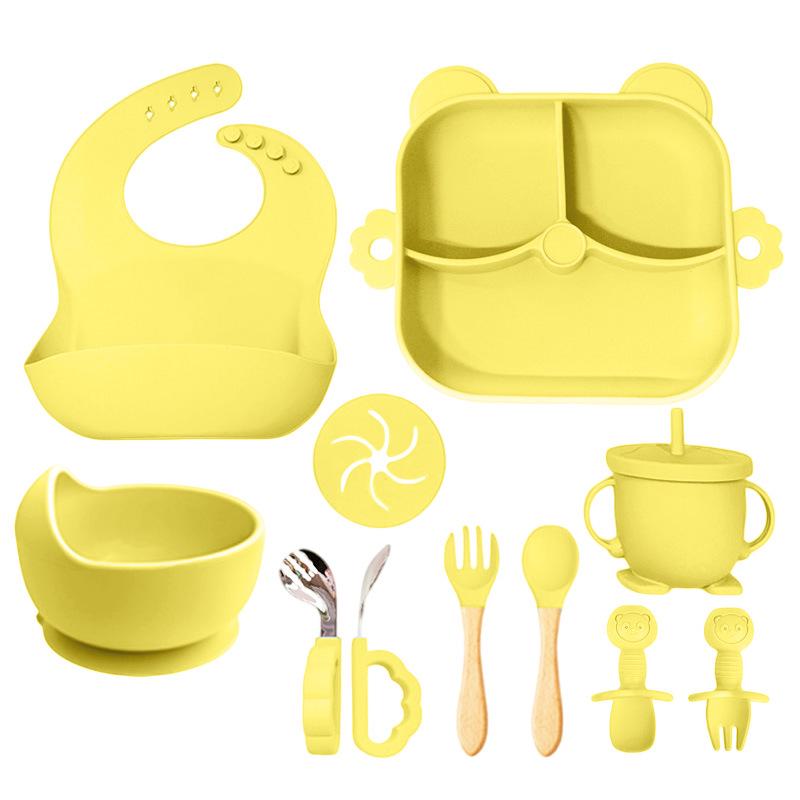11-Piece Children's Silicone Bear Feeding Set: Food-Grade Bib, Bowl, Straw Cup & Tableware