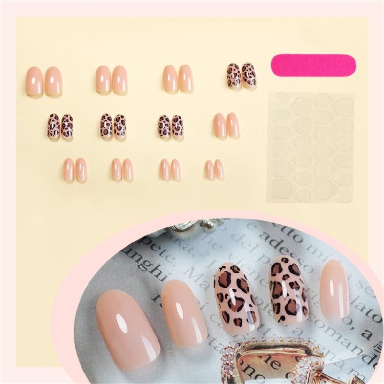 24Pcs Short Almond Leopard Press On Nail Glossy False Nail Winter Nail Decors Full Covers Stick on Nail Easy To Apply