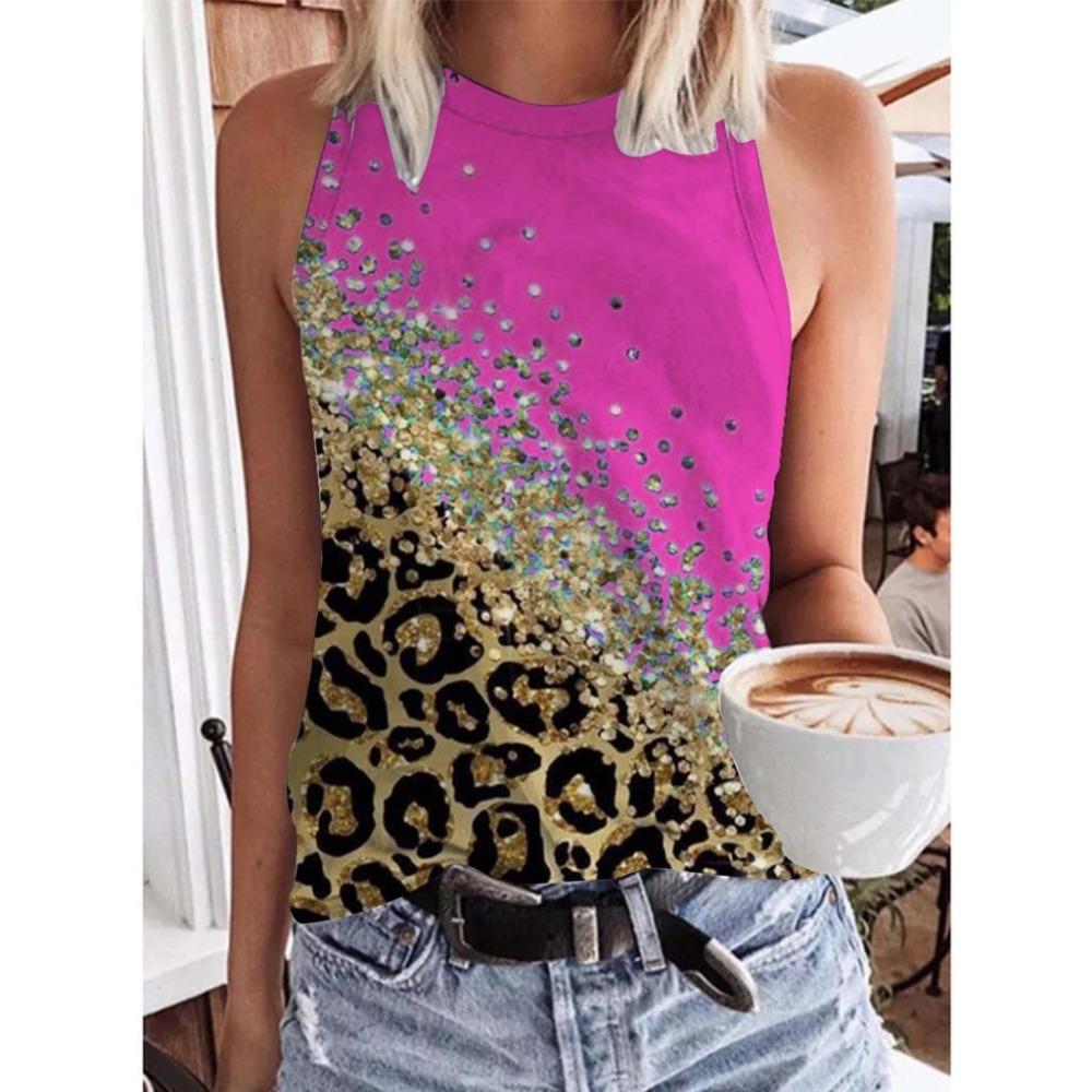 Summer Sequin Leopard 3D Print Tank Tops Women Fashion Streetwear Oversized O-Neck Vest Off Shoulder Sleeveless Woman Camisole