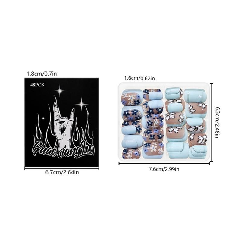 Square Press On Nail Flower Fake Nail Glues On Nail Artificial Acrylic Nail 12 Size 48pcs Stick On Nail for Women Girls