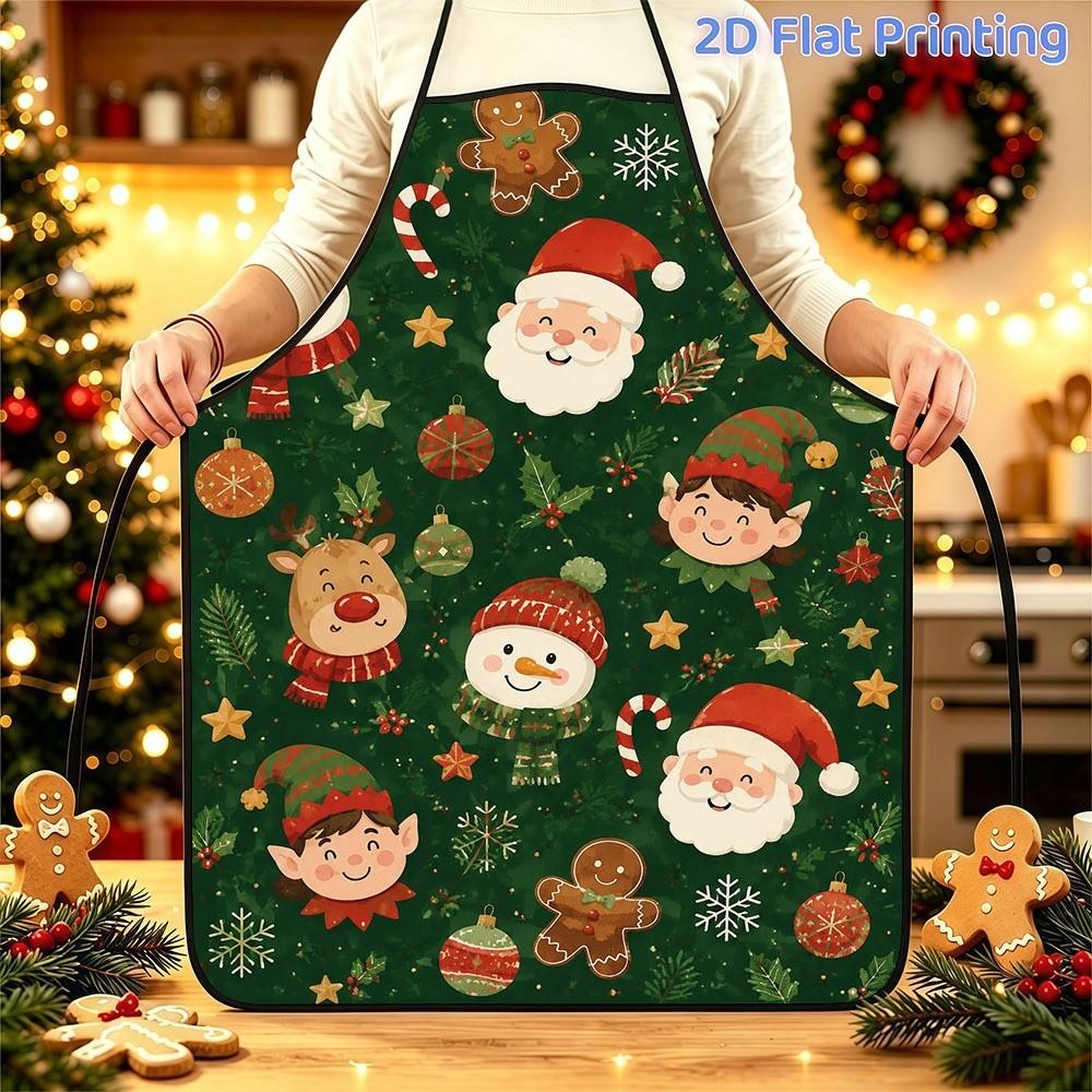 1pc Christmas-Themed 2D Printed Polyester Apron, Size 52Cm X 73Cm (20.47 Inches X 28.74 Inches) with Adjustable Waistband, Featuring Santa Claus, Snow
