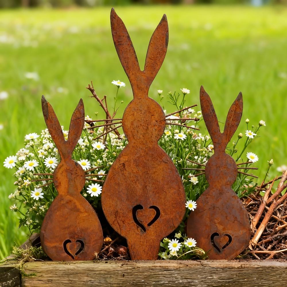3 Stück Metall-Gartenstecker Ostern, Rostige 2D-Flachbodenstecker, Einfach einzustecken, Feiertagsdekoration für Hof & Blumenbeet, Gartendekorationen