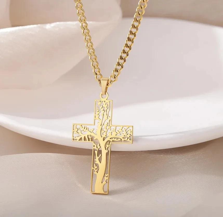 Stainless Steel Christian Tree Cross Necklace for Women Men Pendant Necklaces Retro Religion Jewelry Gift New Design Bijoux