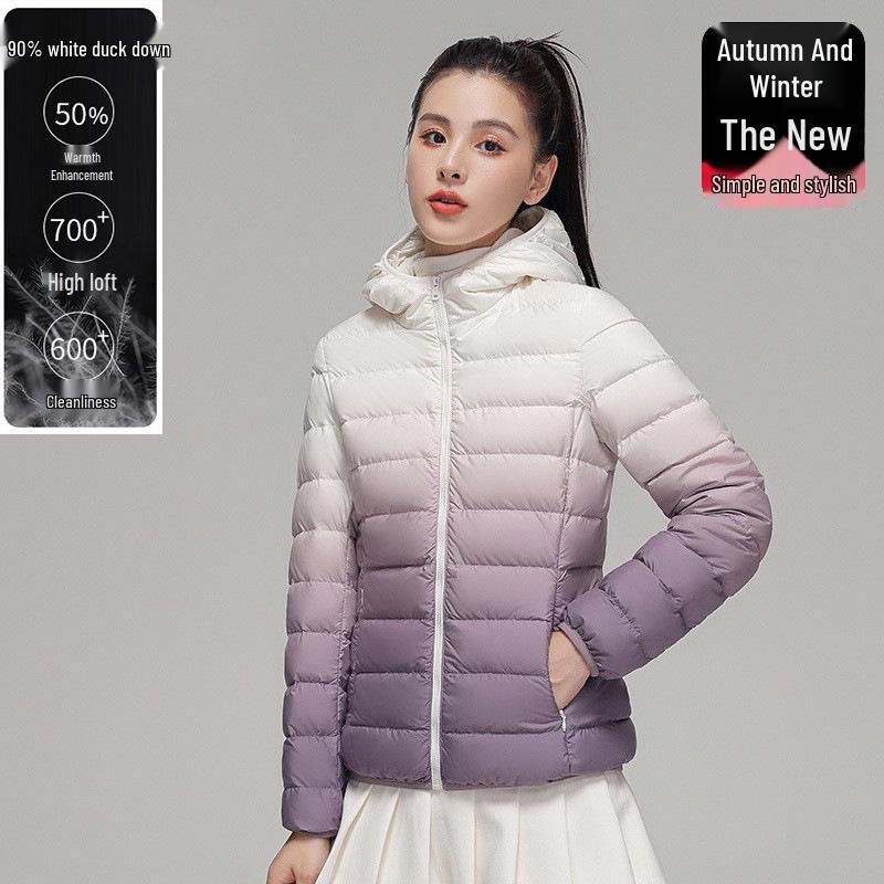 Youjia Women's Gradient Lightweight Down Jacket - 90% White Duck Down, Short Style, Hooded, Autumn/Winter Fashion.