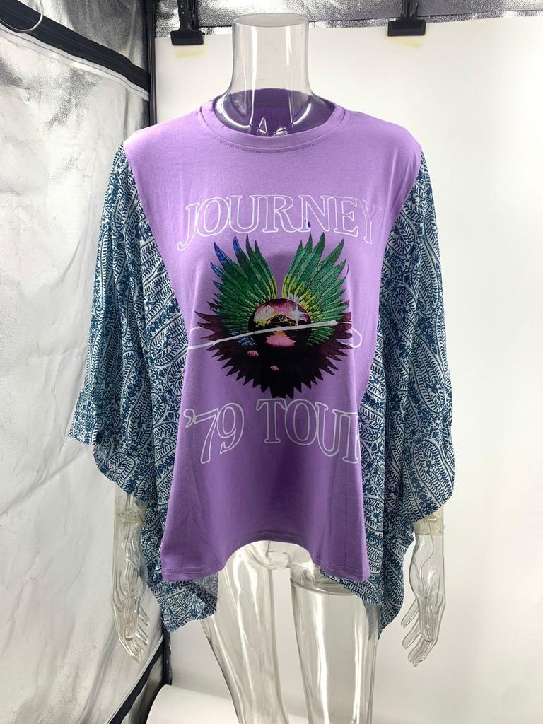 New Printed Crew Neck Loose Casual Batwing Sleeve Top for Women