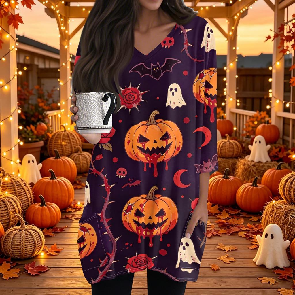 Women's Halloween Print V-Neck Casual Top with Pockets Three-Quarter Sleeves, Mid Length
