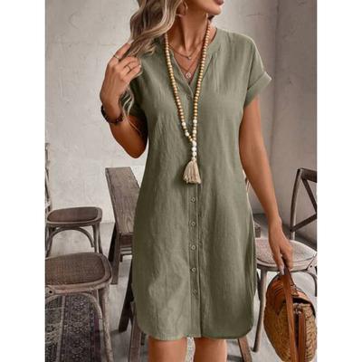 Kadınların Zarif Düz Renk Düğmeli Ön Kısa Kollu Elbisesi, V Yaka, Kısa Kollu - Günlük, Günlük Giyim | V Yaka Elbise | Kısa Kollu Elbise
