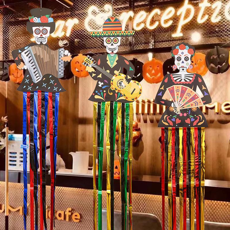 1.3m Mexico Day of the Dead Porch Sign Halloween Party Outdoor Decor Skeleton Ghost Couple Bride Groom Patio Door Hanging Flag