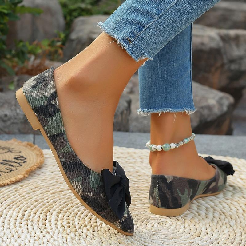 Fashion Autumn New Flat Single Shoes Women's Fashion Pointed Head Shallow Mouth Camouflage Cloth Butterfly Knot Low Top Shoes