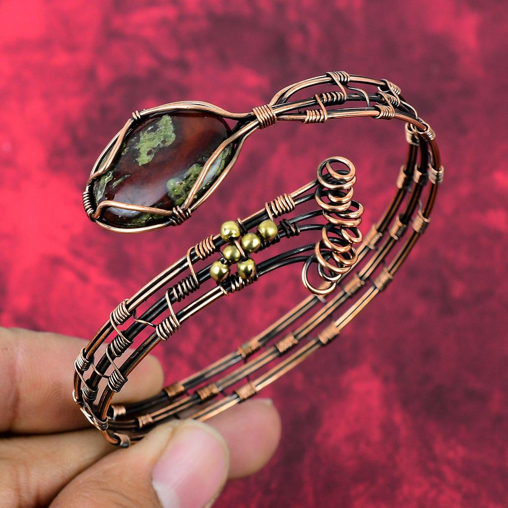 Dragon Bloodstone Bangle Copper Wire Wrapped Cuff Bracelet Gemstone Adjustable Bangle Copper Jewelry Gift For Him Handmade Wire Wrap Jewelry