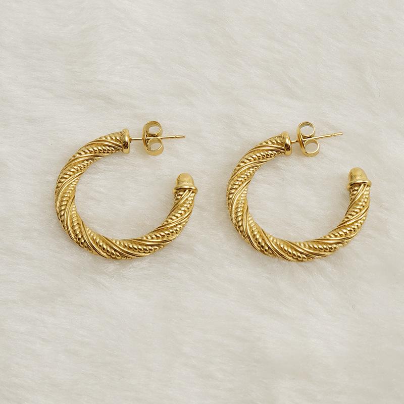18K Gold-Toned Titanium Steel Round Hoop Earrings - Women's European & American Geometric Design