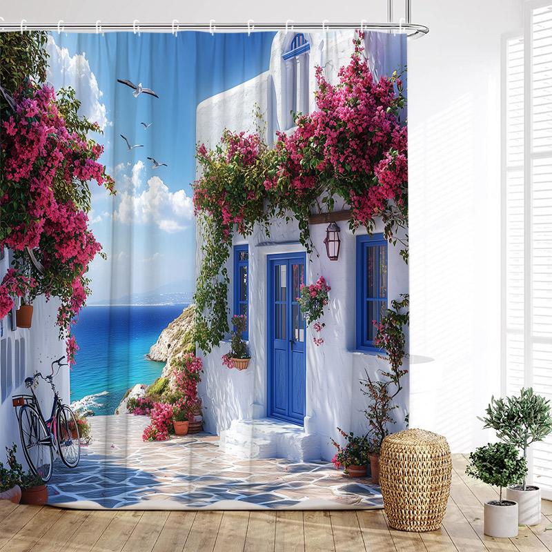 Vintage Italian Street Shower Curtain Arch Architecture Floral Plant Scenery Fabric Home Bathroom Decor Bath Curtains With Hooks