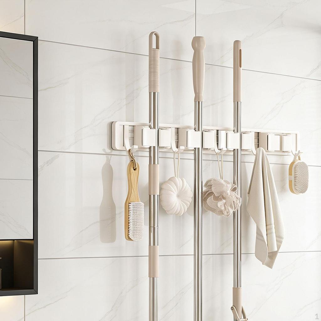 Broom Holder Mop Organizer Garage Storage Rack Space Saving Anti Slip Wall Mount, for Bathroom