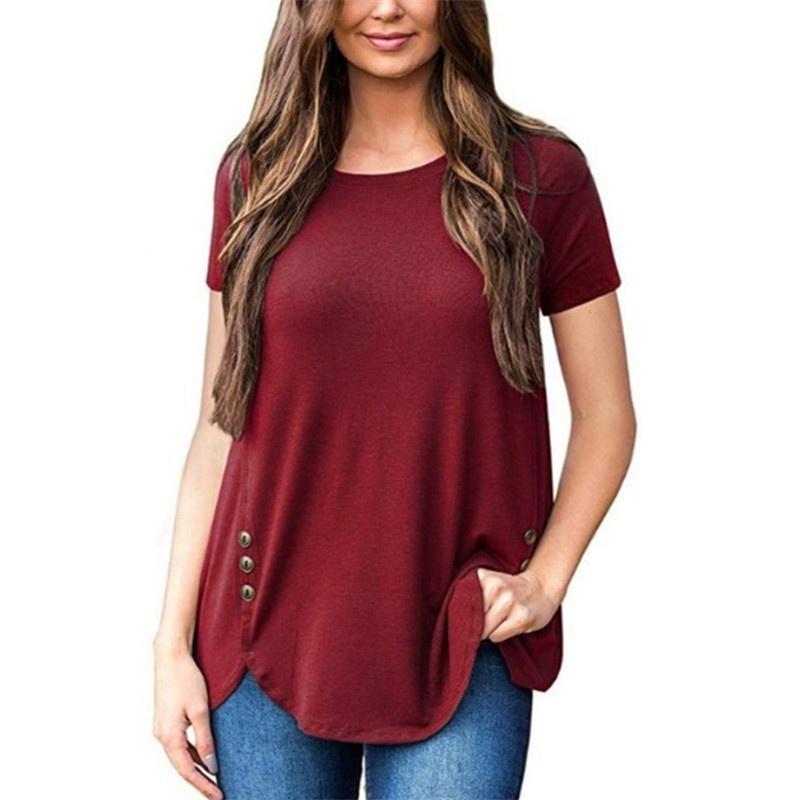 2026 Summer Women's Solid Color T-Shirt New Short Sleeve Button Round Neck Top