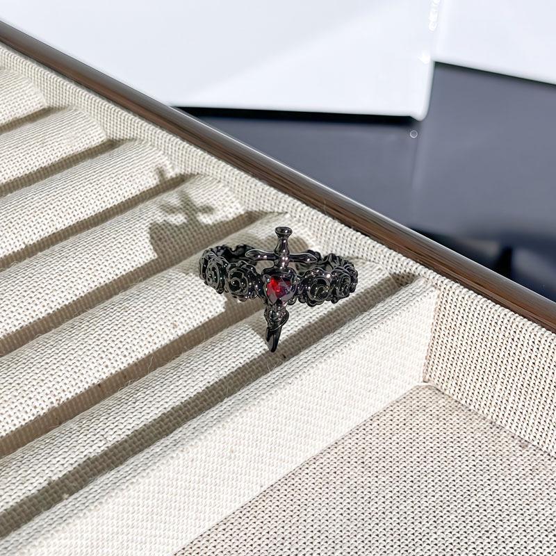 Unisex Halloween Bat Cross Flame Ring with Red Thorns and Flowers - Dark Style Fashion Finger Accessory