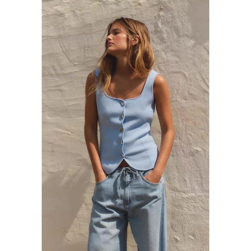 Za Spring New Arrivals Women's Clothing Zr European and American Style Plain Knit Corset-Style Round Neck Strap Top 5536038