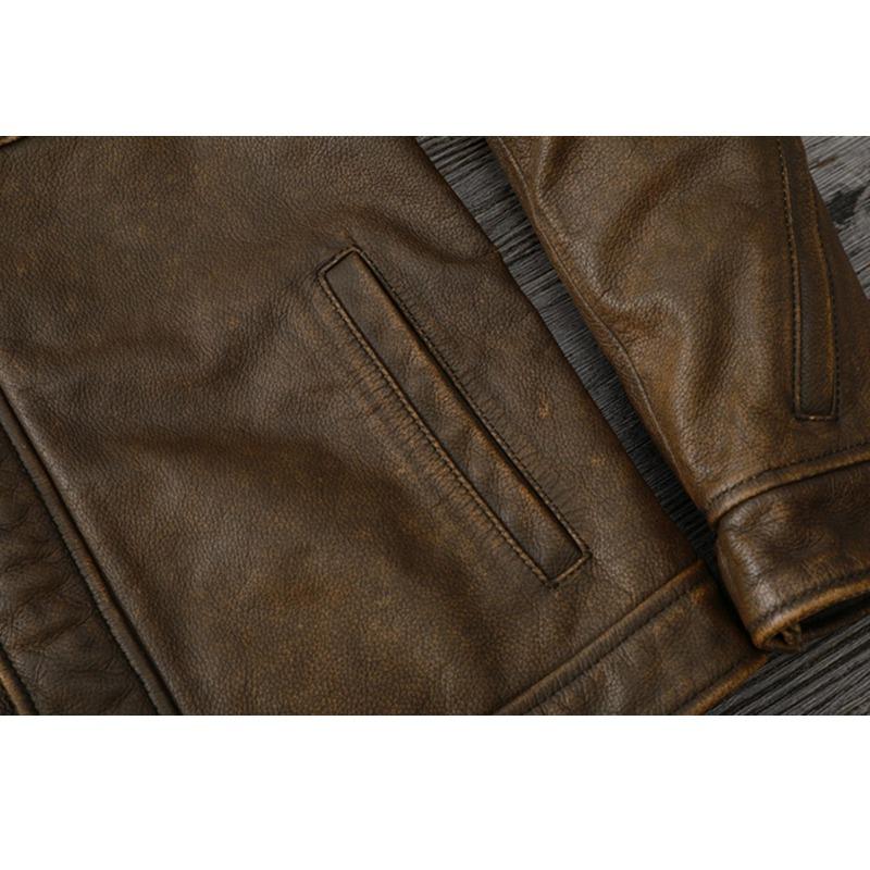 Chinese Size Men Leather Jacket Style Brown Genuine Cowhide Coat Soft Slim Fit Spring Vintage
