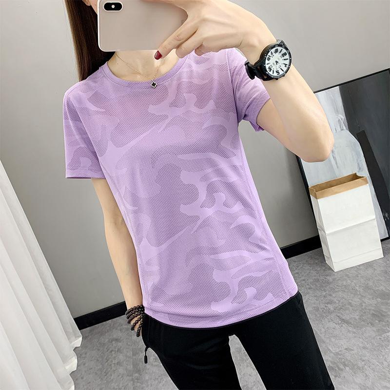 Women's Summer Yoga Slim Solid Colour Outdoor Sports Jacquard Quick Dry Round Neck T-Shirt