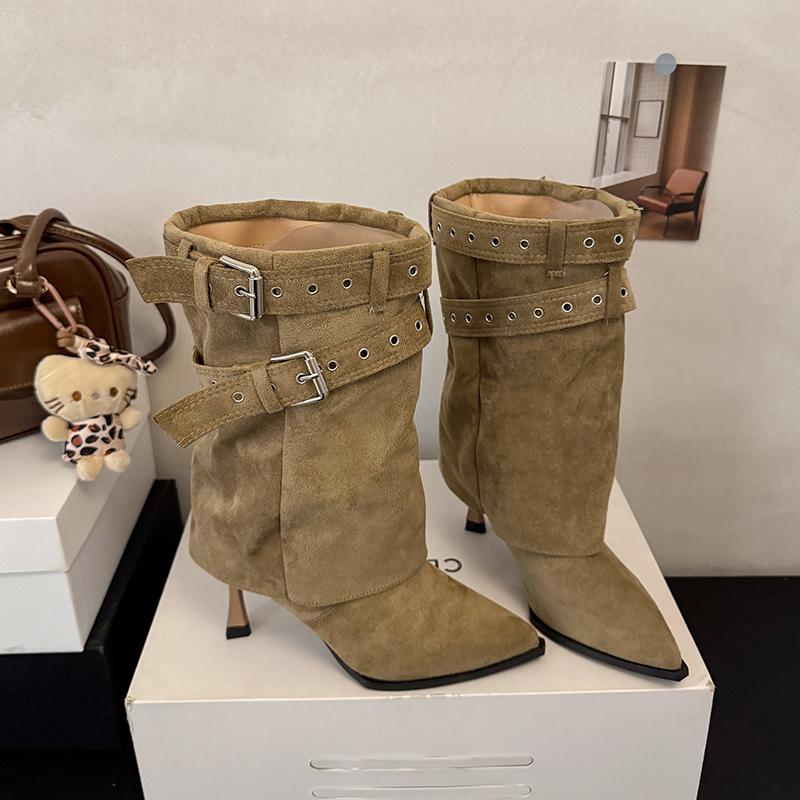 Winter Fashion Pointed Toe Women Ankle Boots Belt Buckle Thin High Heels Comfortable Soft Leather Zipper Shoes