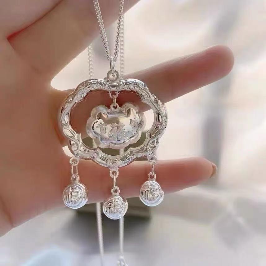 Sterling Silver Longevity Lock Pendant: Chinese Style Retro Necklace for Baby's First Birthday or Full Moon Celebration.